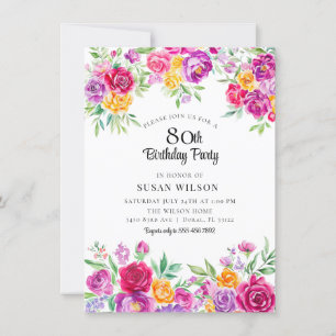 Invitation Radiant Élégant floral coloré 80e anniversaire