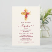 Invitation Radiant Golden Sparkle Botanical Cross Baptism (Debout devant)