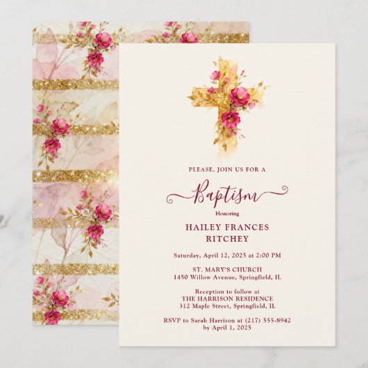 Invitation Radiant Golden Sparkle Botanical Cross Baptism (Devant / Derrière)
