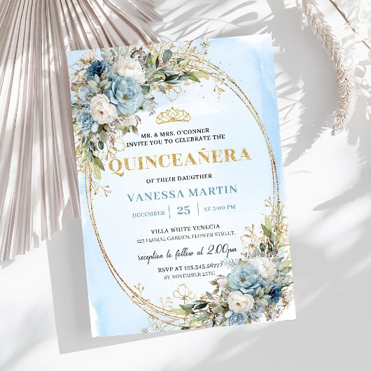 Invitation Radiant Pastel Blue Gold Eucalyptus Quinceañera 