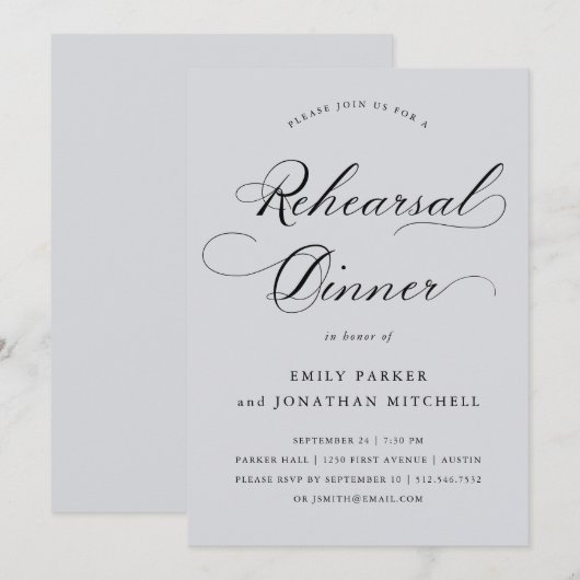 Invitation Raffiné | Calligraphie Soft Grey Dîner de répétiti (Devant / Derrière)