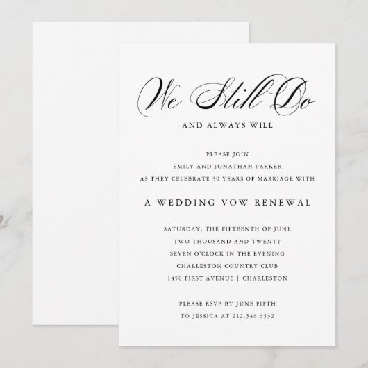 Invitation Raffiné | Renouvellement de Vow Mariage noir et bl (Devant / Derrière)