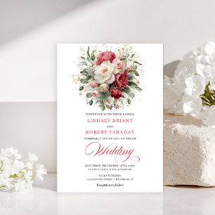 Invitation raffinée bohème rouge blanc floral verd