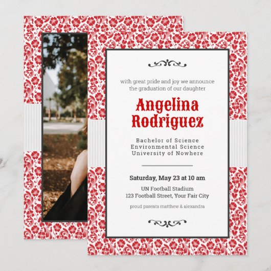 Invitation Raider Red Floral Damask Photo Graduation (Devant / Derrière)