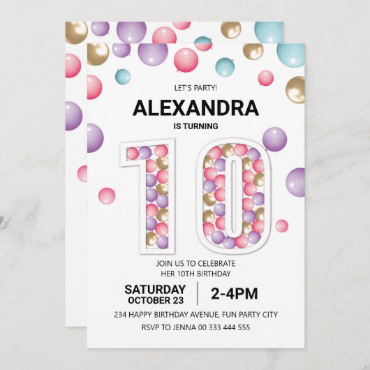 Invitation Rainbow 10th Birthday Party, fille rose en ballon (Devant / Derrière)