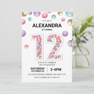Invitation Rainbow 12th Birthday Party, fille en ballon rose