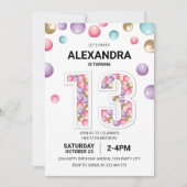 Invitation Rainbow 13th Birthday Party, fille en ballon rose