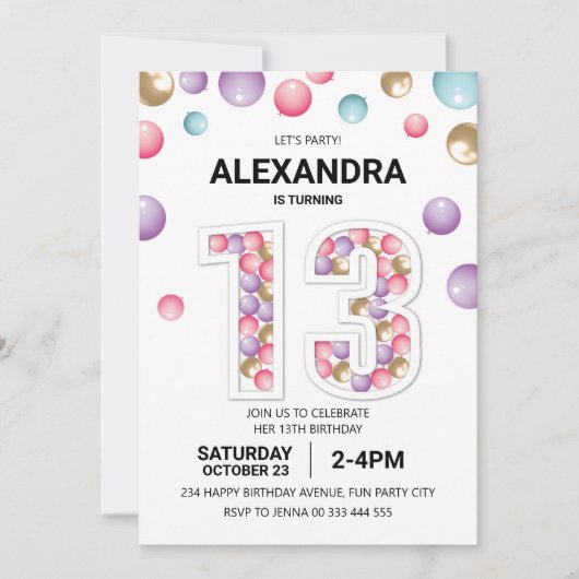 Invitation Rainbow 13th Birthday Party, fille en ballon rose (Devant)