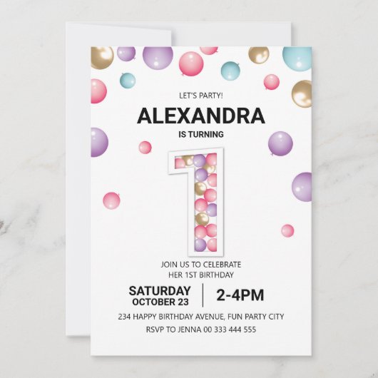 Invitation Rainbow 1er Anniversaire, Fille Balloon Rose (Devant)