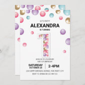 Invitation Rainbow 1er Anniversaire, Fille Balloon Rose (Devant / Derrière)