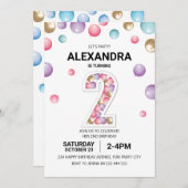 Invitation Rainbow 2e fête d'anniversaire, fille en ballon ro (Devant / Derrière)