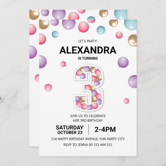 Invitation Rainbow 3e fête d'anniversaire, fille en ballons r (Devant / Derrière)