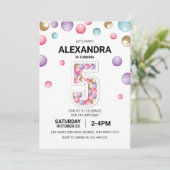 Invitation Rainbow 5th Birthday Party, fille en ballon rose (Debout devant)