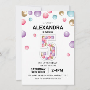 Invitation Rainbow 5th Birthday Party, fille en ballon rose