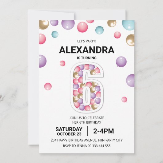 Invitation Rainbow 6th Birthday Party, fille en ballon rose (Devant)