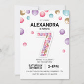 Invitation Rainbow 7th Birthday Party, fille en ballon rose (Devant)