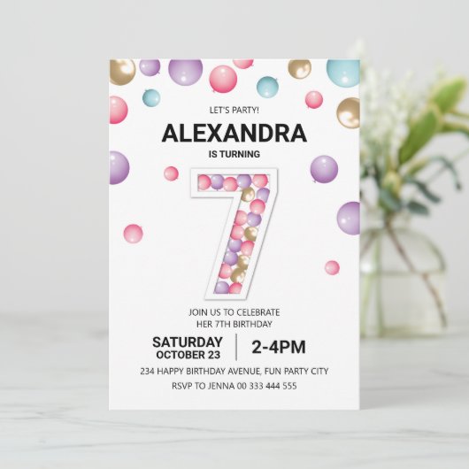 Invitation Rainbow 7th Birthday Party, fille en ballon rose (Debout devant)