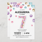 Invitation Rainbow 7th Birthday Party, fille en ballon rose (Devant / Derrière)