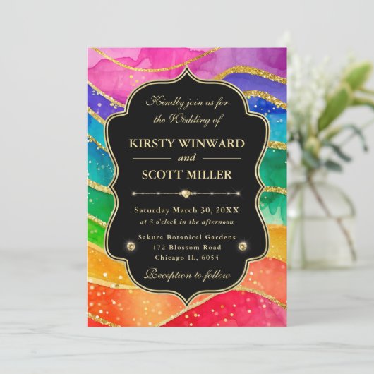 Invitation Rainbow Alcohol Ink Gold Glitter Wedding (Debout devant)