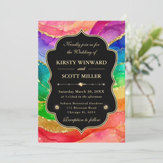 Invitation Rainbow Alcohol Ink Gold Glitter Wedding (Debout devant)