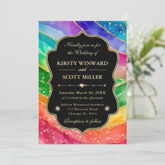 Invitation Rainbow Alcohol Ink Gold Glitter Wedding (Debout devant)