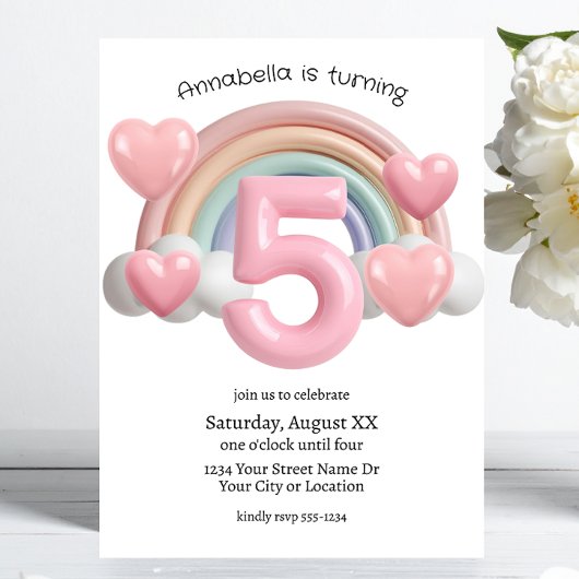 Invitation Rainbow and Hearts 3D 5th Birthday Party