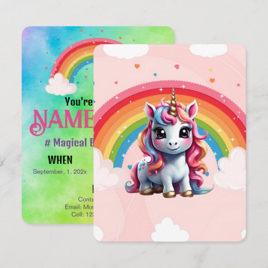 Invitation Rainbow Anniversaire de la Unicorne, ca (Devant / Derrière)