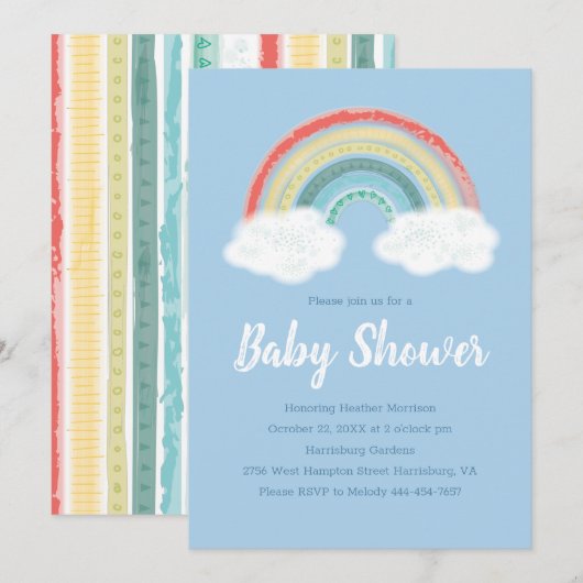 Invitation Rainbow Baby shower Blue Boy (Devant / Derrière)