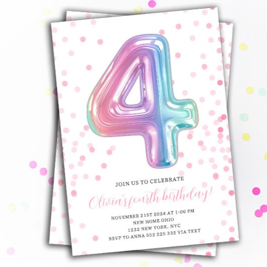 Invitation Rainbow Balloon 4th Birthday Girl Party Numéro