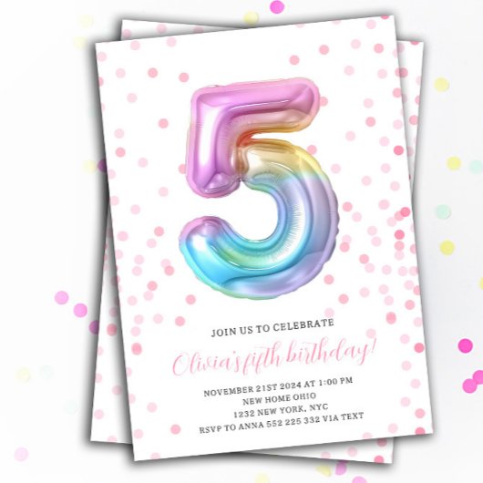 Invitation Rainbow Balloon 5th Birthday Girl Party Numéro
