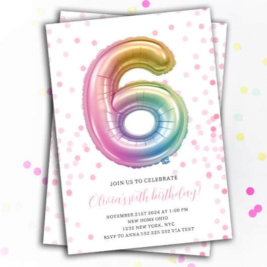 Invitation Rainbow Balloon 6th Birthday Girl Party Numéro