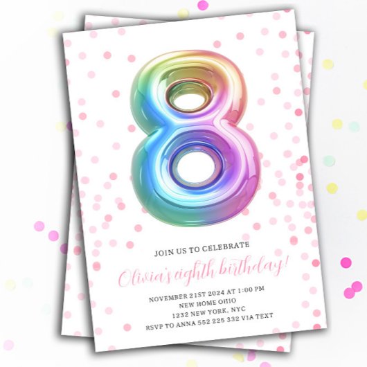 Invitation Rainbow Balloon 8th Birthday Girl Party Numéro