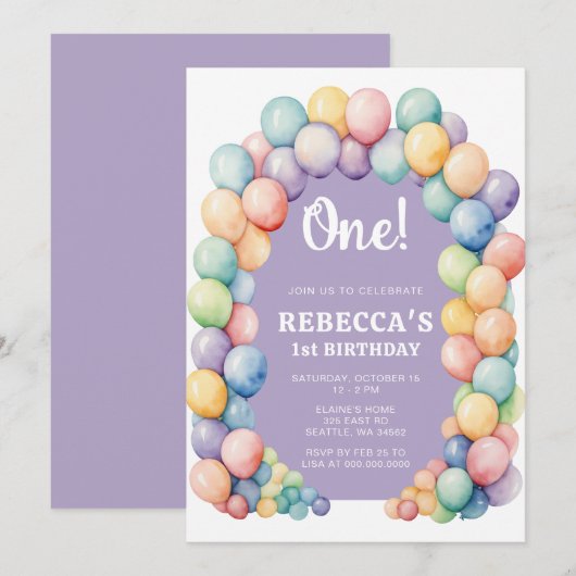 Invitation Rainbow Balloon Arch Any Age Birthday (Devant / Derrière)