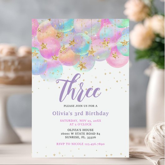 Invitation Rainbow Balloon rose 3e anniversaire