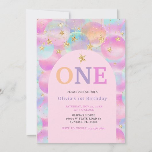 Invitation Rainbow Balloon rose Arche 1er anniversaire (Devant)