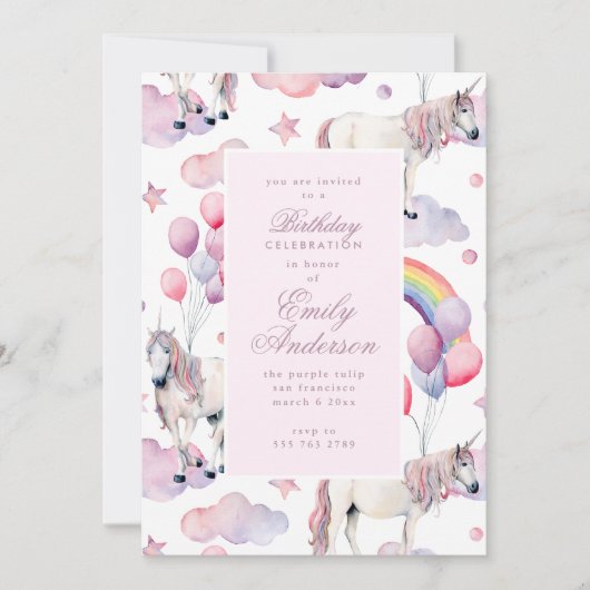 Invitation Rainbow Balloons Unicorn rose fête d'anniversaire  (Devant)