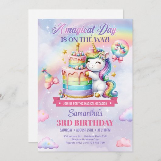 Invitation Rainbow Balloons Unicorn Rose filles troisième ann (Devant / Derrière)