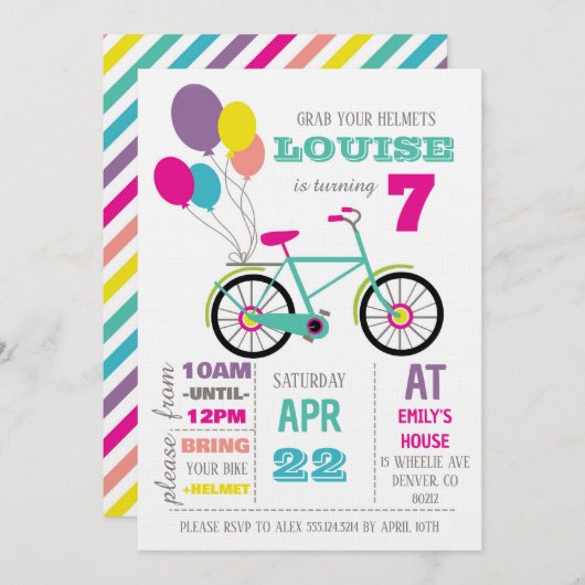 Invitation Rainbow Bicycle Birthday Party (Devant / Derrière)