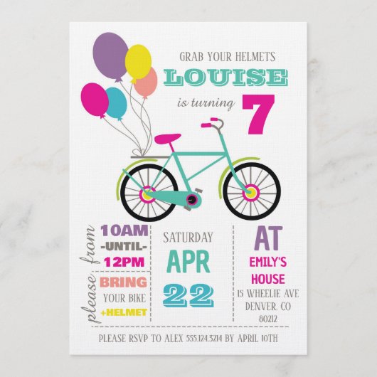 Invitation Rainbow Bicycle Birthday Party (Devant)