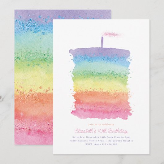 Invitation Rainbow Birthday Cake Invitation, Rainbow 1st Part (Devant / Derrière)