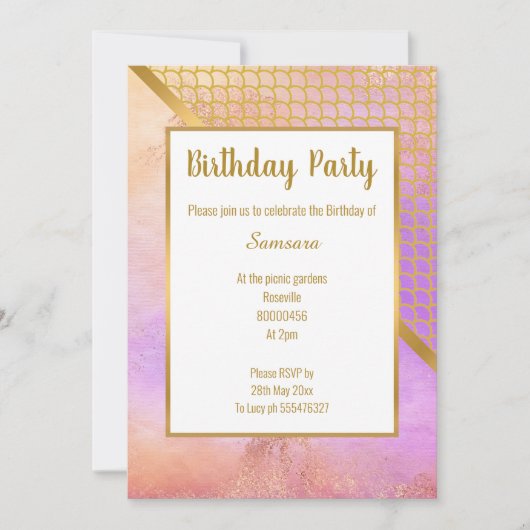 INVITATION RAINBOW BLUR GOLD MERMAID ÉCHELLE ANNIVERSAIRE (Devant)