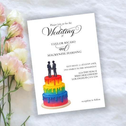 Invitation Rainbow cake et élégant script gay mariage
