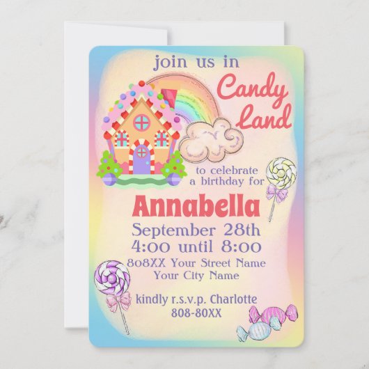 Invitation Rainbow Candy Land Party (Devant)