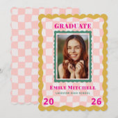 Invitation Rainbow Checkered Grad Announcement with Photo (Devant / Derrière)