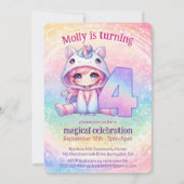 Invitation Rainbow chibi fille, Unicorn 4e anniversaire (Devant)