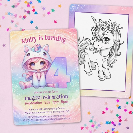 Invitation Rainbow chibi fille, Unicorn 4e anniversaire