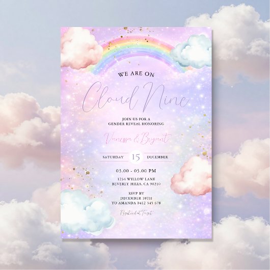 Invitation Rainbow Cloud Blush Gender Reveal Glitter