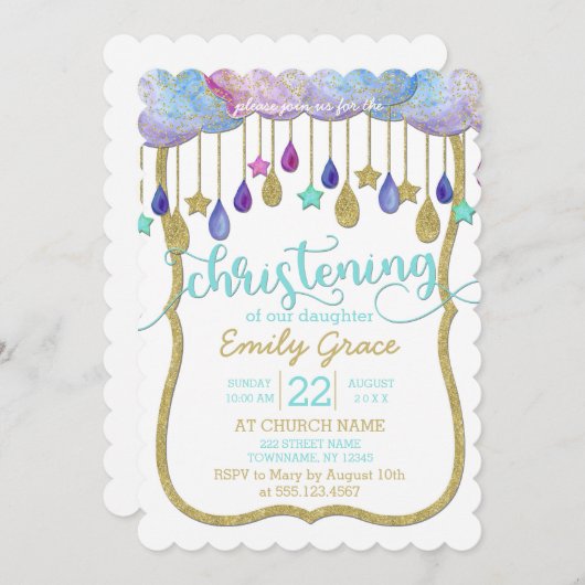 Invitation Rainbow Cloud Gold Parties scintillant Christening (Devant / Derrière)