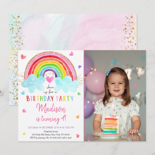 Invitation Rainbow Cloud Hearts Aquarelle Anniversaire (Devant / Derrière)