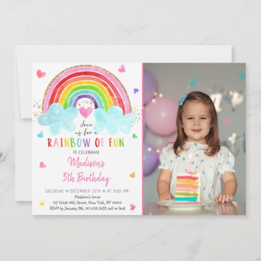 Invitation Rainbow Cloud Hearts Aquarelle Anniversaire (Devant)